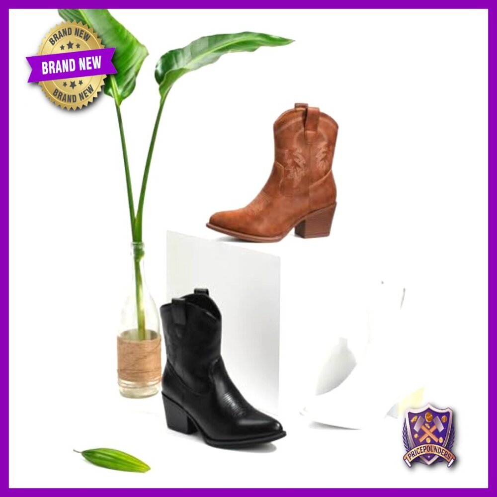 Western Cowgirl Ankle Booties Pointed Toe Chunky Heel Wide Fit Classic Style - Picture 5 of 7